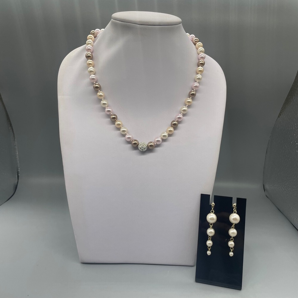 Roman RMN Multi Tonal Faux Pearl Necklace Pave Crystal Ball & Drop Earrings Set